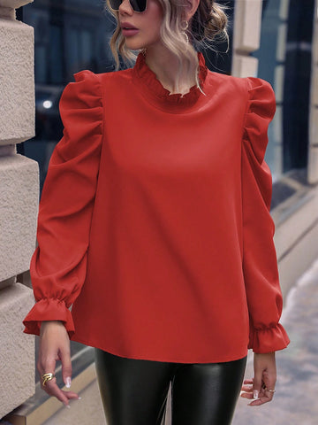 Clasi Solid Color Ruffle Hem Round Neck Long Sleeve Casual Shirt, Autumn