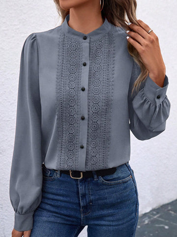 Clasi Solid Color Stand Collar Lace Splice Front Button Long Sleeve Shirt
