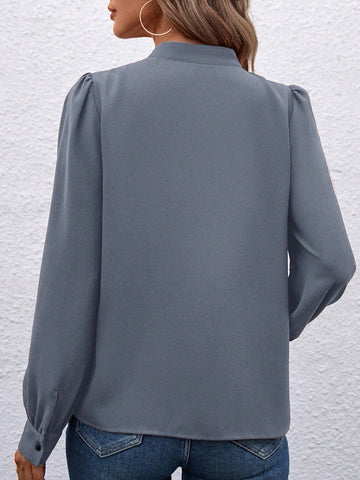 Clasi Solid Color Stand Collar Lace Splice Front Button Long Sleeve Shirt