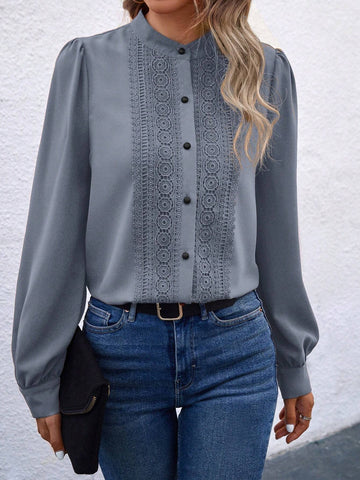 Clasi Solid Color Stand Collar Lace Splice Front Button Long Sleeve Shirt