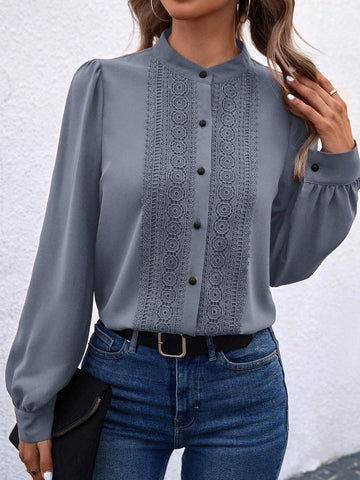 Clasi Solid Color Stand Collar Lace Splice Front Button Long Sleeve Shirt