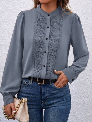 Clasi Solid Color Stand Collar Lace Splice Front Button Long Sleeve Shirt