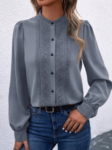Clasi Solid Color Stand Collar Lace Splice Front Button Long Sleeve Shirt