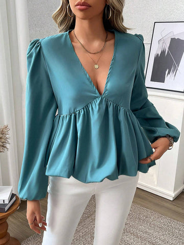 Clasi Solid Color V-Neck Long Sleeve Pleated Minimalist Shirt, Casual Wear