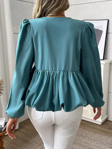 Clasi Solid Color V-Neck Long Sleeve Pleated Minimalist Shirt, Casual Wear