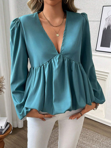 Clasi Solid Color V-Neck Long Sleeve Pleated Minimalist Shirt, Casual Wear