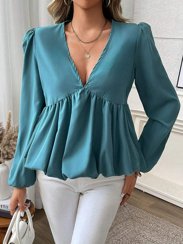 Clasi Solid Color V-Neck Long Sleeve Pleated Minimalist Shirt, Casual Wear