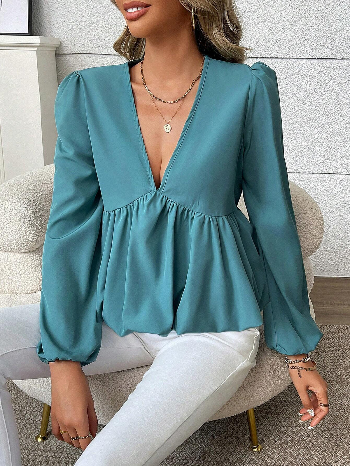 Clasi Solid Color V-Neck Long Sleeve Pleated Minimalist Shirt, Casual Wear