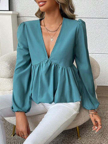 Clasi Solid Color V-Neck Long Sleeve Pleated Minimalist Shirt, Casual Wear