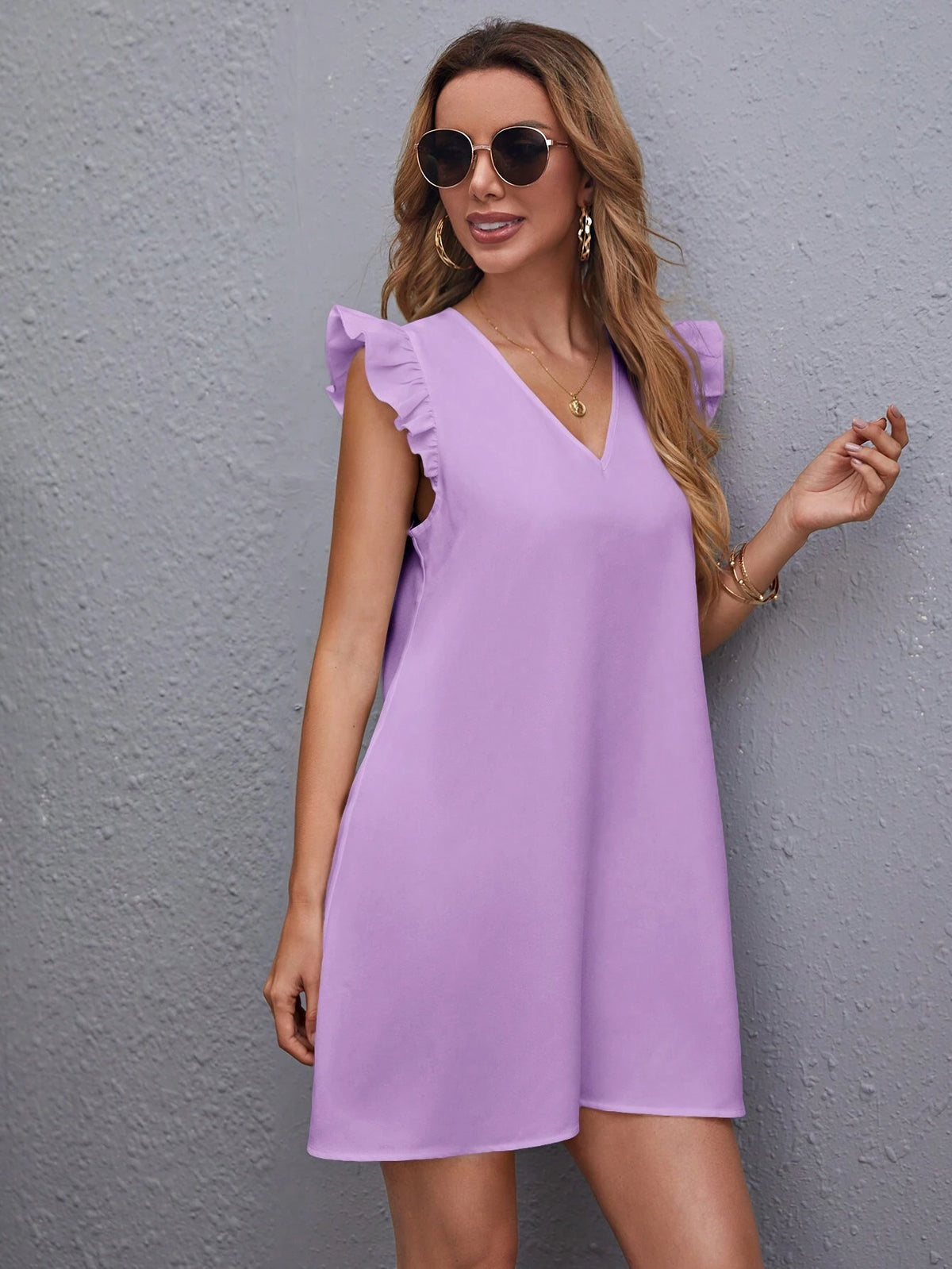 Solid Color Woven V-Neck Dress