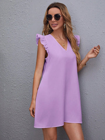 Solid Color Woven V-Neck Dress