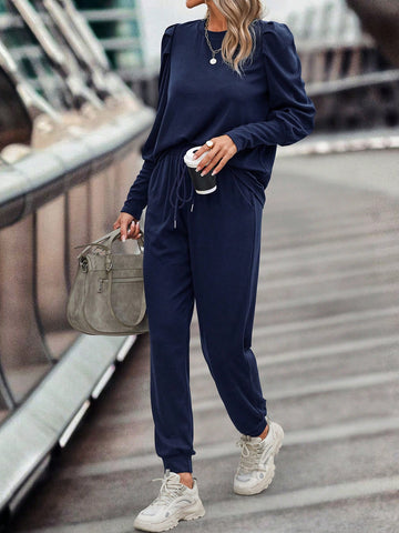 Solid Gigot Sleeve Tee & Drawstring Waist Sweatpants