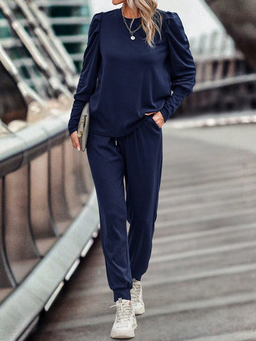 Solid Gigot Sleeve Tee & Drawstring Waist Sweatpants