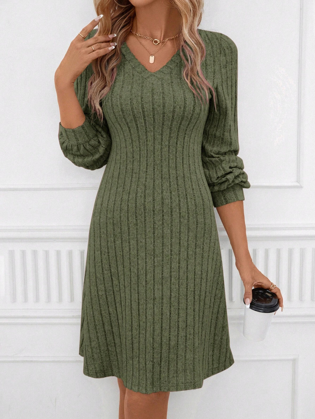 Solid V Neck Ribbed Knit Dress For Autumn & Winter