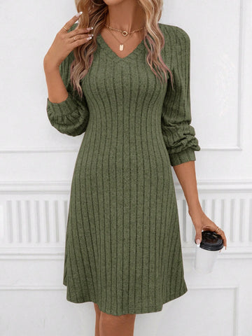 Solid V Neck Ribbed Knit Dress For Autumn & Winter