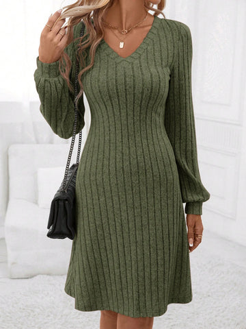 Solid V Neck Ribbed Knit Dress For Autumn & Winter