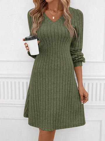 Solid V Neck Ribbed Knit Dress For Autumn & Winter