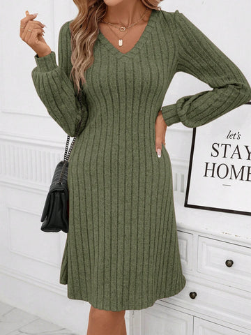 Solid V Neck Ribbed Knit Dress For Autumn & Winter