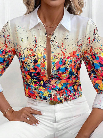 Clasi Splatter Print Long Sleeve Women's Casual Button Down Shirt