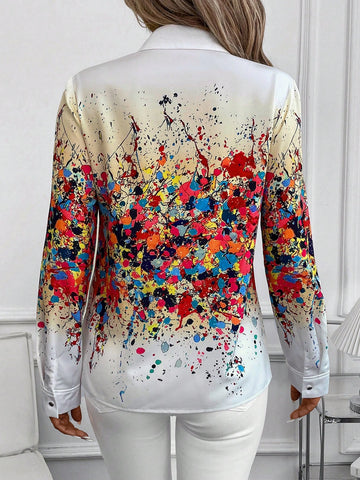 Clasi Splatter Print Long Sleeve Women's Casual Button Down Shirt