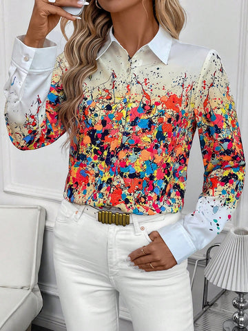 Clasi Splatter Print Long Sleeve Women's Casual Button Down Shirt