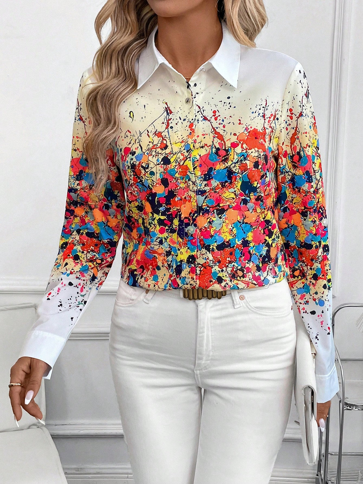 Clasi Splatter Print Long Sleeve Women's Casual Button Down Shirt