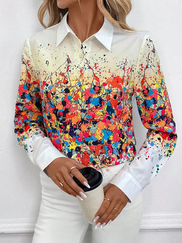 Clasi Splatter Print Long Sleeve Women's Casual Button Down Shirt