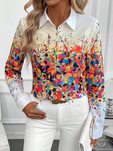 Clasi Splatter Print Long Sleeve Women's Casual Button Down Shirt