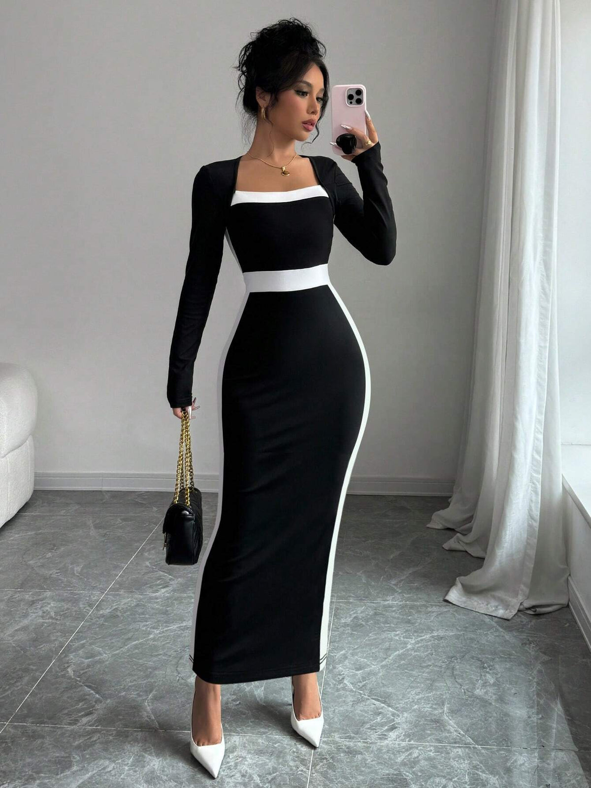 Square Neck Color Block Fitted Women Dress