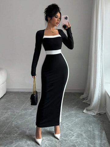 Square Neck Color Block Fitted Women Dress