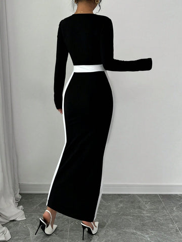 Square Neck Color Block Fitted Women Dress