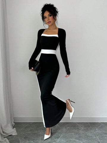Square Neck Color Block Fitted Women Dress