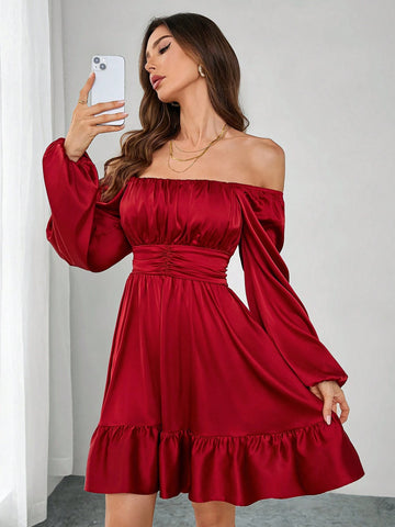 Square Neck Ruched Ruffle Hem Tie Waist Satin Party Mini Dress For Women