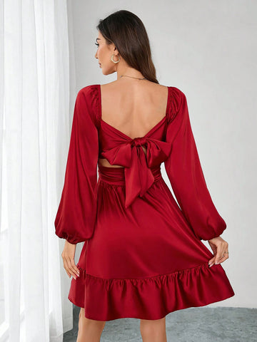 Square Neck Ruched Ruffle Hem Tie Waist Satin Party Mini Dress For Women