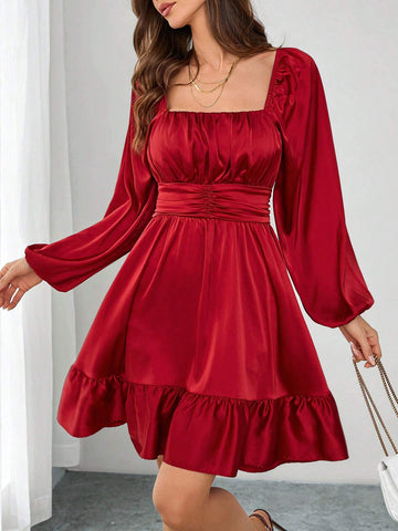Square Neck Ruched Ruffle Hem Tie Waist Satin Party Mini Dress For Women