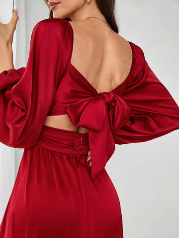 Square Neck Ruched Ruffle Hem Tie Waist Satin Party Mini Dress For Women