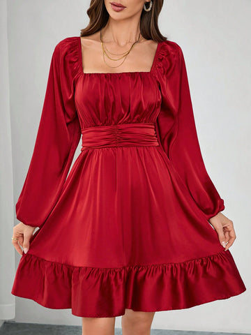 Square Neck Ruched Ruffle Hem Tie Waist Satin Party Mini Dress For Women