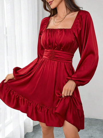 Square Neck Ruched Ruffle Hem Tie Waist Satin Party Mini Dress For Women