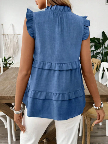 Clasi Square Neck Solid Color Ruffle Hem Sleeveless Shirt For Summer