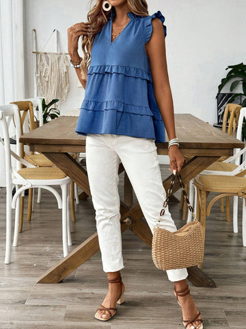 Clasi Square Neck Solid Color Ruffle Hem Sleeveless Shirt For Summer