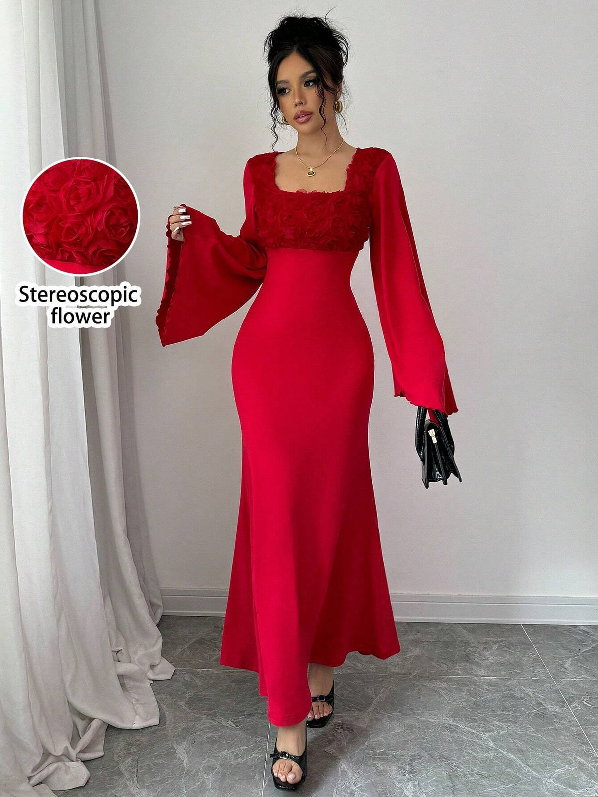 Squared Neck Contrast Bell Sleeve Mermaid Hem Fitted Sexy Women Dress