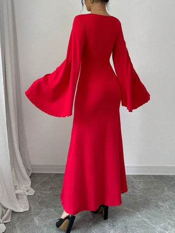Squared Neck Contrast Bell Sleeve Mermaid Hem Fitted Sexy Women Dress