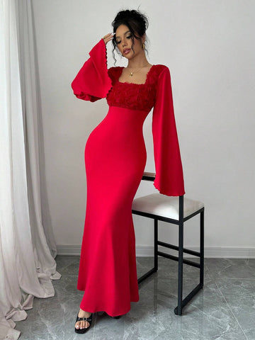 Squared Neck Contrast Bell Sleeve Mermaid Hem Fitted Sexy Women Dress