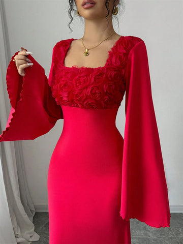 Squared Neck Contrast Bell Sleeve Mermaid Hem Fitted Sexy Women Dress