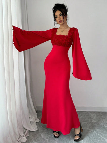 Squared Neck Contrast Bell Sleeve Mermaid Hem Fitted Sexy Women Dress