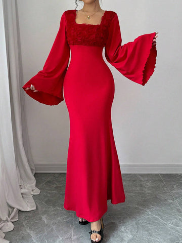 Squared Neck Contrast Bell Sleeve Mermaid Hem Fitted Sexy Women Dress