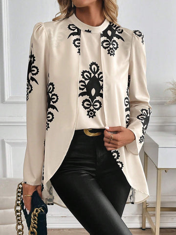 Clasi Stand Collar Long Sleeve All-Over Print Shirt, Casual Daily Wear