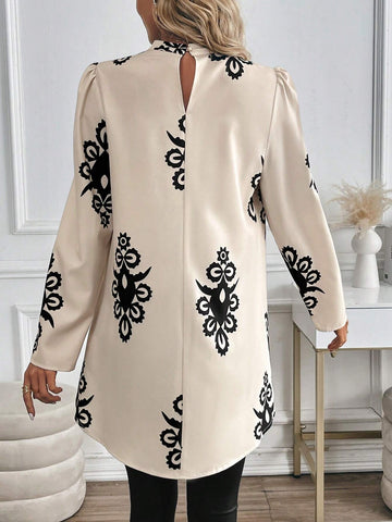 Clasi Stand Collar Long Sleeve All-Over Print Shirt, Casual Daily Wear