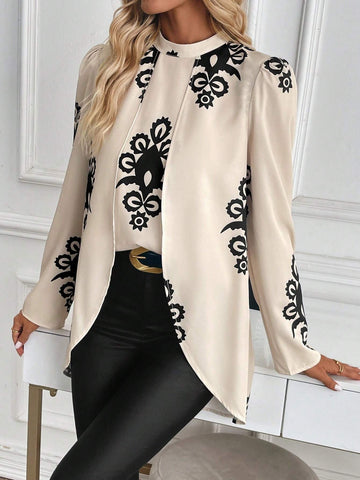 Clasi Stand Collar Long Sleeve All-Over Print Shirt, Casual Daily Wear