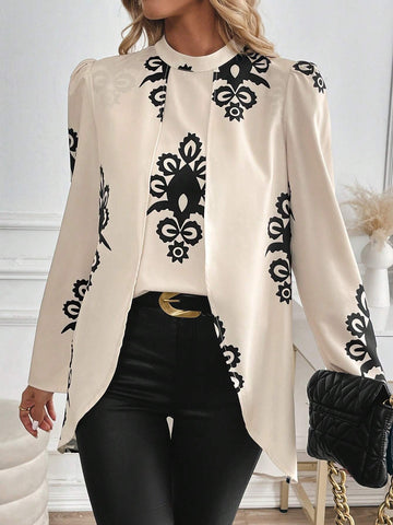 Clasi Stand Collar Long Sleeve All-Over Print Shirt, Casual Daily Wear